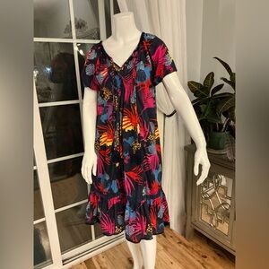 Adrift Tropical Print Midi Dress Soft Flare Fringe Hem Relaxed Tassels Woman SM